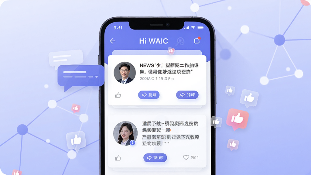 ��������Ϊ�ֻ���Ļչʾ��Hi WAIC����Ѷ��Ϣ�����棬�����α�ͷ�����ű����뻥����ť���ֻ����������ŶԻ����������ͼ�꣬����Ϊ����ɫ�������������ڵ㣬���Ϊ���¿Ƽ��廭��ϸ������Ϣ��Ƭ��η�����ͼ�꾫�£����ʸ��壬����ɾ����޶���Ԫ��