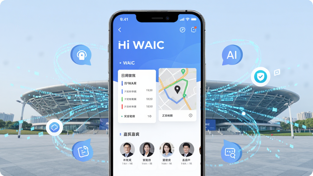 ��������һ�������ֻ�����չʾ���ֻ���Ļ�ڳ��֡�Hi WAIC��Ӧ�������棬�����������ճ̿�Ƭ��չ����ͼ����ͼ��α�ͷ�����У�����Ϊ�Ϻ�����չ���������AI�Ƽ���Ч�ںϣ����岼�����ֻ�ռ�������壬��Χ���Ƶ���ɫ����������������ͼ�꣬���Ϊ�ִ��Ƽ���ƽ�廭��ϸ����ͻ����������������ͼ���࣬���ʸ��壬����ɾ����޶���Ԫ��