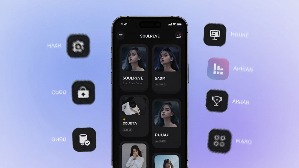 SOULREVE功能展示图,画面中一部智能手机屏幕显示SOULREVE应用的深色模式界面,屏幕周围环绕着多个功能图标和标签元素,背景为柔和的蓝紫色渐变,风格简洁现代,细节包括卡片式布局、圆角图标和清晰的文字标注“SOULREVE”,画质高清,干净,无多余元素