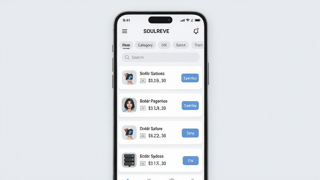 SOULREVE数据管理界面示意图,画面展示一个移动应用的数据列表页面,包含分类标签、搜索框和条目卡片,界面采用浅色主题,布局整齐,风格清爽,细节包括“SOULREVE”应用名称、分类图标和操作按钮,画质高清,干净,无多余元素