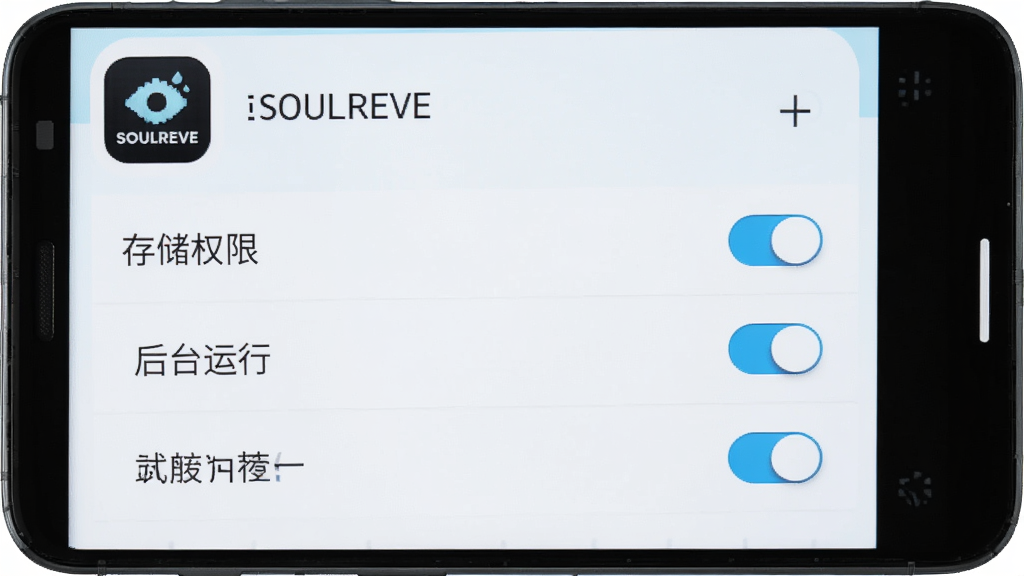 SOULREVE安装设置流程示意图,画面展示一部安卓手机屏幕上显示应用权限设置页面,页面中包含“存储权限”“后台运行”等选项开关,界面风格简洁,配色以白色和浅蓝色为主,细节包括“SOULREVE”应用图标和设置项文字,画质高清,干净,无多余元素