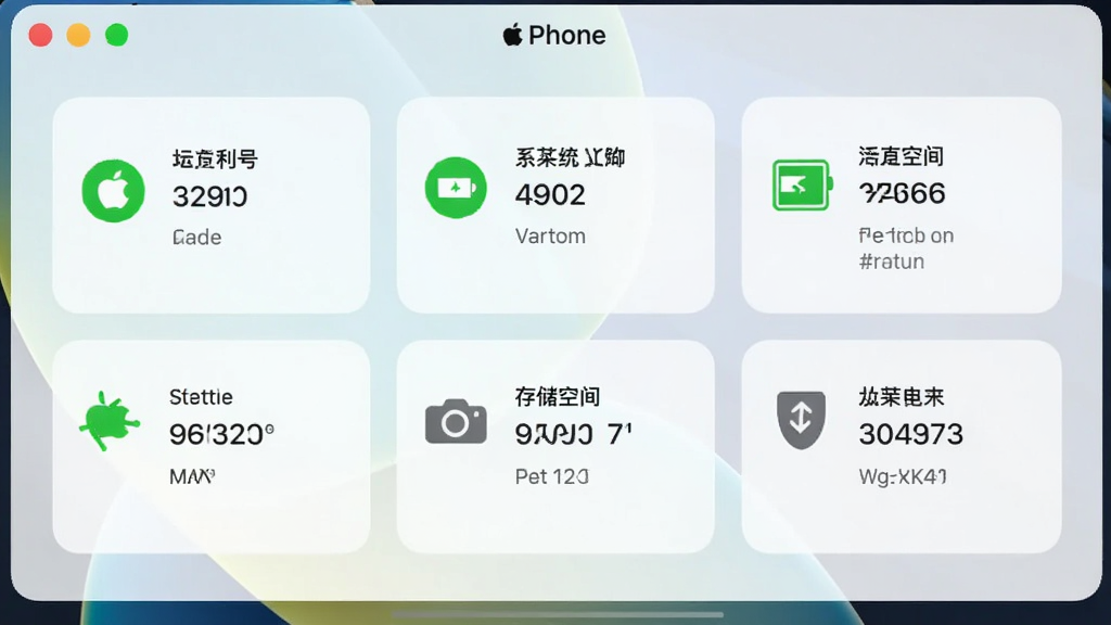 һ��չʾ����ƻ����������iPhone����豸��Ϣ�����ͼ����������Ϊ�������ڣ���������ʾ�豸�ͺš�ϵͳ�汾����ص������洢�ռ����Ϣ��Ƭ�����ֲ��ÿ�Ƭʽ�Ű棬���Ϊ����ǳɫϵ��ϸ�����������ӳɹ�����ɫ��ʶ����������������ɾ����޶���Ԫ��