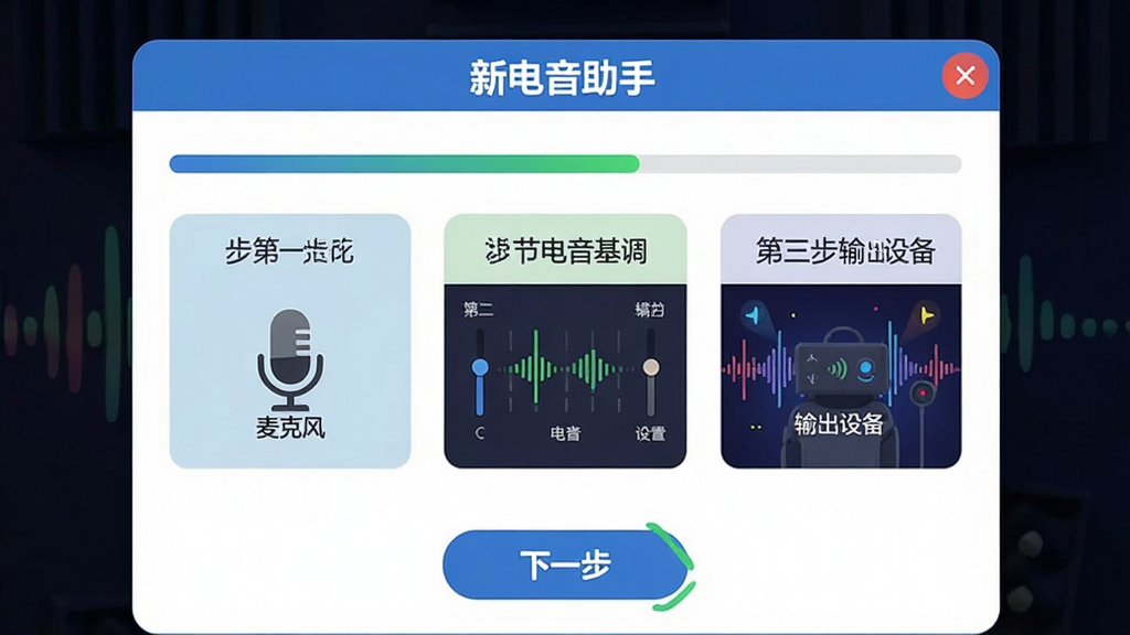 新电音助手新手设置向导界面图,画面中显示分步提示框,第一步选择麦克风,第二步调节电音基调,第三步设置输出设备,界面底部有“下一步”按钮,软件名称“新电音助手”位于标题栏,风格为友好引导式弹窗,布局居中,细节包括进度条和示例插图,画质清晰,干净,无多余元素