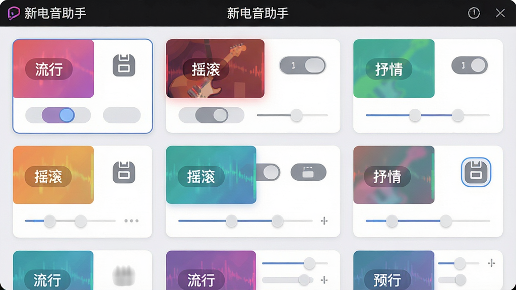 新电音助手预设管理界面展示图,画面中排列着多个彩色预设卡片,每张卡片上写有“流行”“摇滚”“抒情”等标签,旁边有切换按钮和保存图标,软件名称“新电音助手”显示在顶部,风格为扁平化卡片设计,布局整齐,细节包括高亮选中状态和微调滑块,画质高清,干净,无多余元素