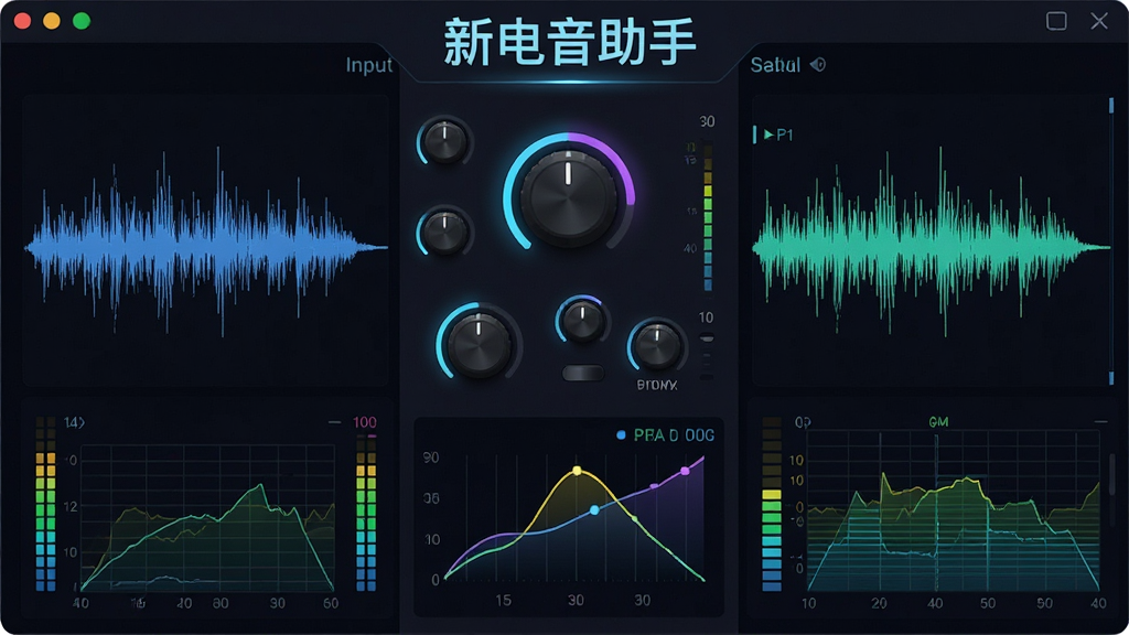 新电音助手实时电音处理功能展示图,画面左侧是麦克风输入波形,右侧是经过电音处理后的输出波形,中间有闪烁的调节旋钮和音调曲线,顶部标有软件名称“新电音助手”,整体风格为科技感数据可视化,布局左右对称,细节包括电平表和音高网格,画质清晰,干净,无多余元素