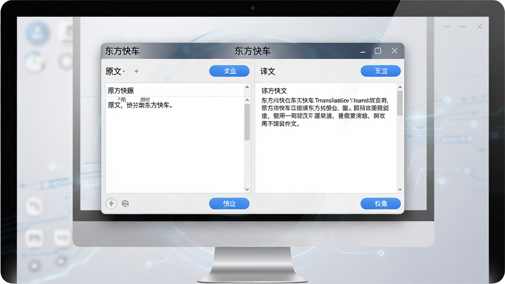 东方快车软件主界面展示,主体为电脑屏幕中央打开翻译软件窗口,布局为左侧原文输入区右侧译文显示区,排版清晰对称,风格为现代简约科技风,细节包括软件名称“东方快车”显示在标题栏,界面按钮为蓝色圆角设计,背景为浅灰色渐变,画质高清,干净,无多余元素