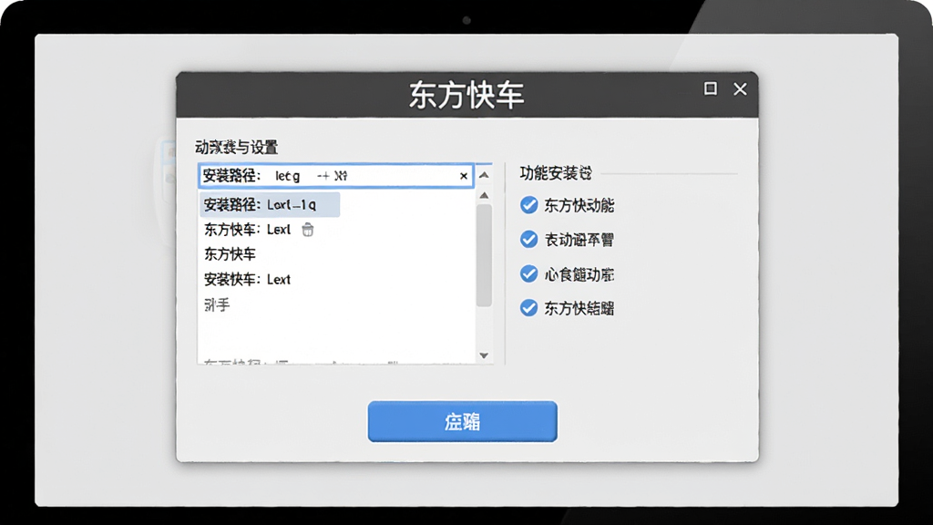 东方快车新手安装与设置界面,主体为电脑屏幕上显示安装向导窗口,布局为左侧安装路径选择右侧功能勾选项,排版简洁,风格为友好引导风,细节包括软件名称“东方快车”在窗口顶部,安装按钮为蓝色,背景为浅灰色,画质清晰,干净,无多余元素