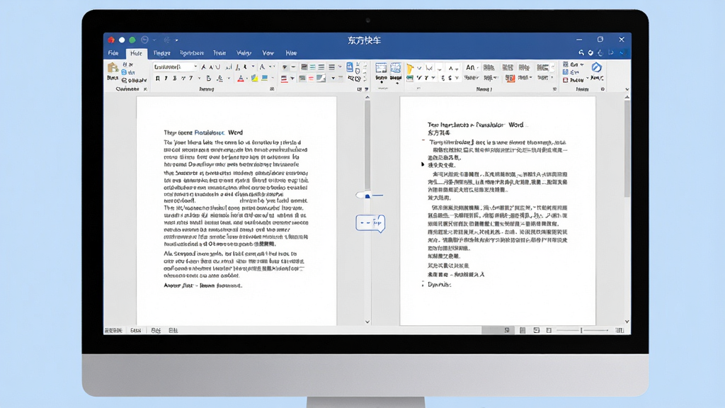 东方快车文档翻译功能展示,主体为电脑屏幕上显示一份Word文档正在被翻译,布局为左侧原文右侧译文对照,排版工整,风格为办公商务风,细节包括软件名称“东方快车”在窗口标题处,文档内容为英文和中文对照,背景为浅蓝色,画质高清,干净,无多余元素