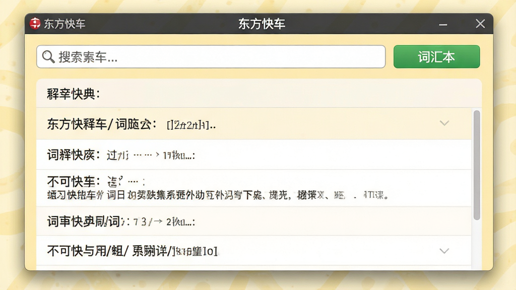 东方快车词典查询与词汇管理界面,主体为软件窗口显示单词释义和例句,布局为上方搜索框下方释义列表,排版清晰,风格为清爽学习风,细节包括软件名称“东方快车”在顶部,词汇本按钮为绿色,背景为淡黄色,画质清晰,干净,无多余元素