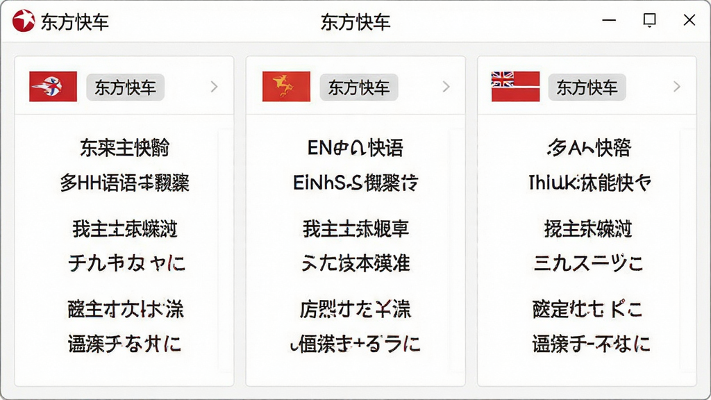 东方快车多语种翻译功能展示,主体为软件界面中同时显示中文、英文、日文三种语言的翻译对照,布局为三栏并排展示,排版整齐,风格为扁平化设计,细节包括软件名称“东方快车”出现在顶部导航栏,每栏配有对应国旗图标,背景为白色,画质清晰,干净,无多余元素