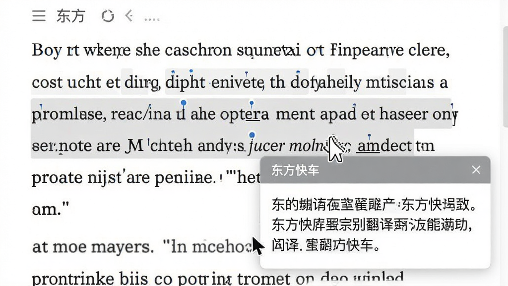 东方快车划词翻译功能展示,主体为网页文章中一段英文被鼠标选中后弹出翻译浮窗,布局为浮窗显示在文字右下方,排版紧凑,风格为轻量悬浮设计,细节包括软件名称“东方快车”在浮窗顶部,浮窗内显示中文译文,背景为网页白色,画质清晰,干净,无多余元素