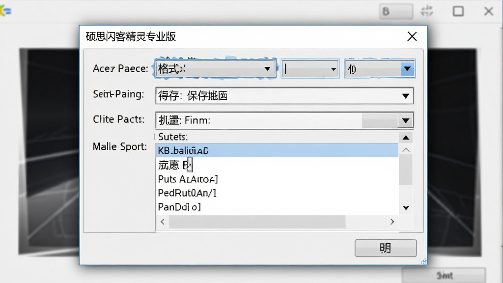 一张展示硕思闪客精灵 专业版导出资源选项的图片,主体是导出设置对话框,布局为居中弹窗,排版整齐,风格为软件功能界面截图,细节包括格式下拉菜单、保存路径、批量列表,画质高清,干净,无多余元素