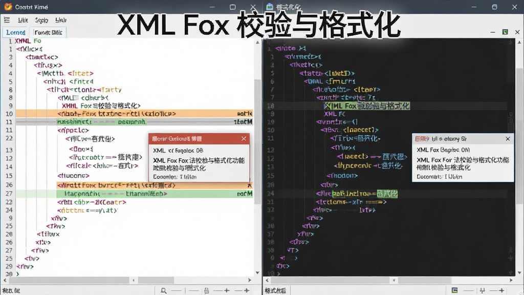 һ��չʾXML Fox�﷨У�����ʽ�����ܵ�ʾ��ͼ������������������ʾһ��XML���룬���ִ����б�������ǣ��Աߵ���������ʾ����һ��չʾ��ʽ�������������Ĵ���Աȣ����Ϊ������������չʾ��ϸ������չʾ������ʾ���ֺ������仯�����������ɾ��������д������֡�XML Fox У�����ʽ����