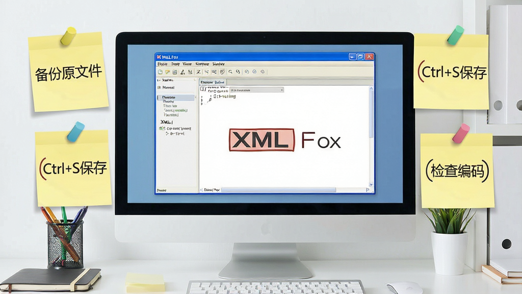 һ��չʾXML Foxʹ�ü��ɵ�ʾ��ͼ�������е�����Ļ����ʾXML Fox�������ڣ��Ա��ж����ǩֽ��ע��ݼ�����ʾ���֣�����������İ칫���棬���Ϊʵ�ý̳���ͼ��ϸ��չʾ��ǩ�ϵ����֡�����ԭ�ļ�����Ctrl+S���桱�������롱�����������ɾ����޶���Ԫ��