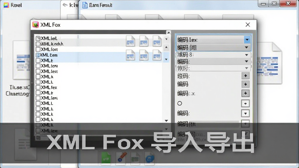 һ��չʾXML Fox�ļ����뵼�����ܵĽ���ͼ�������������򿪶Ի�����ʾ���XML�ļ��б����Ա��б���ѡ�������˵����������ļ�������棬���Ϊ����������ͼ��ϸ��չʾ�ļ���ʽѡ��ͱ���ѡ����������ɾ��������д������֡�XML Fox ���뵼����