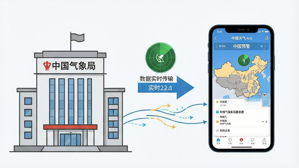 一张展示中国天气权威数据来源的示意图,画面左侧是中国气象局大楼简笔插画,右侧是手机屏幕显示中国天气APP的预警页面,中间用箭头连接表示数据实时传输,布局左右对称,风格扁平化信息图,细节包括气象雷达图标和数据流动线条,画质高清,干净,无多余元素