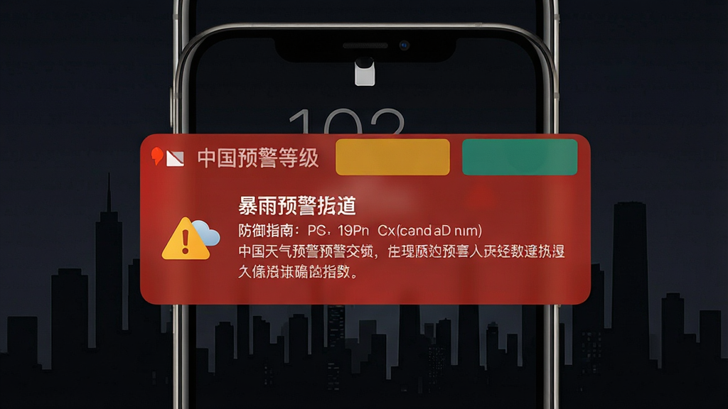 一张展示中国天气灾害预警推送功能的图片,画面中央是手机锁屏界面弹出红色暴雨预警通知,通知卡片上有预警图标和防御指南文字,背景是暗色城市天际线剪影,布局突出通知卡片,风格写实科技感,细节包括预警等级色块和手机边框光影,画质高清,干净,无多余元素