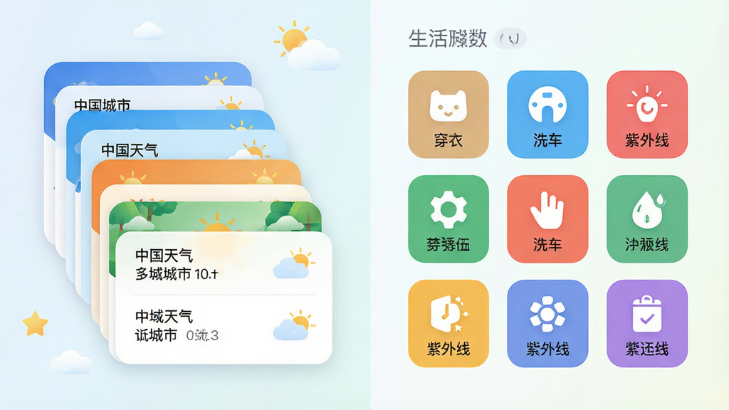 一张展示中国天气多城市管理和生活指数功能的图片,画面左侧是城市列表卡片堆叠,右侧是生活指数图标网格,包含穿衣、洗车、紫外线等图标,背景是浅色渐变,布局左右分栏,风格清新简约,细节包括圆角卡片和彩色图标,画质高清,干净,无多余元素