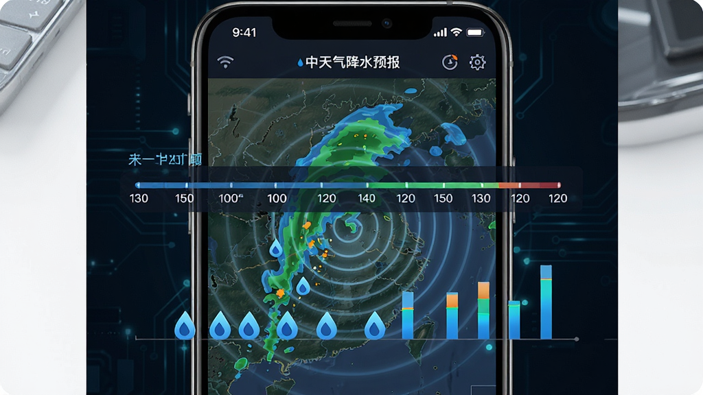 一张展示中国天气分钟级降水预报功能的图片,画面主体是手机屏幕显示降雨雷达图,屏幕上叠加了未来120分钟降水时间轴和雨量柱状图,背景是深色科技风格,布局以上下结构呈现,细节包括蓝色雨滴图标和雷达波纹,画质高清,干净,无多余元素