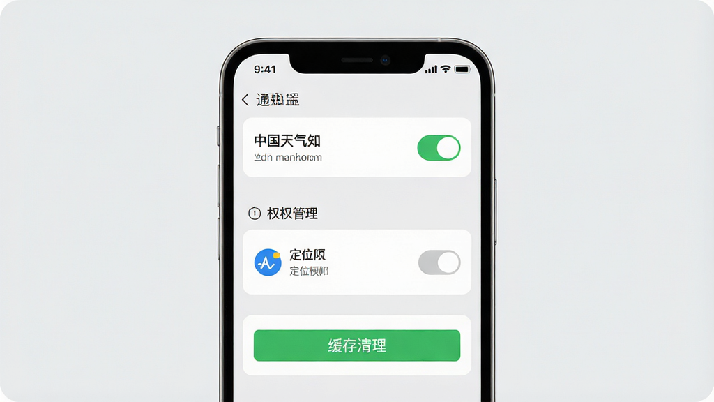 一张展示中国天气APP设置页面的图片,画面主体是手机屏幕显示通知设置和权限管理界面,屏幕上有预警通知开关、定位权限图标和缓存清理按钮,背景是浅灰色,布局居中突出手机屏幕,风格简洁实用,细节包括开关按钮的绿色高亮和图标线条,画质高清,干净,无多余元素