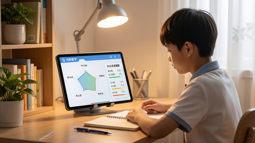 一位中学生坐在书桌前使用平板电脑学习,屏幕上显示优教智学的学情诊断雷达图与知识点掌握度百分比,布局为人物居中偏右,左侧为书架与绿植,排版自然,风格为温馨家庭学习场景,细节包含柔和灯光、笔记本与笔,画质高清,干净,无多余元素
