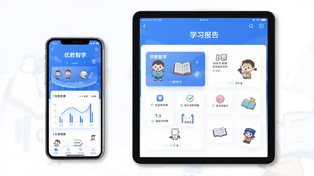 软件界面全景图,主体为一部智能手机和一台平板电脑并排展示,屏幕中呈现优教智学APP的首页与学习报告页面,布局居中对称,排版清晰,风格为现代教育科技感,细节包含蓝色主色调、图表与卡通学习图标,画质高清,干净,无多余元素