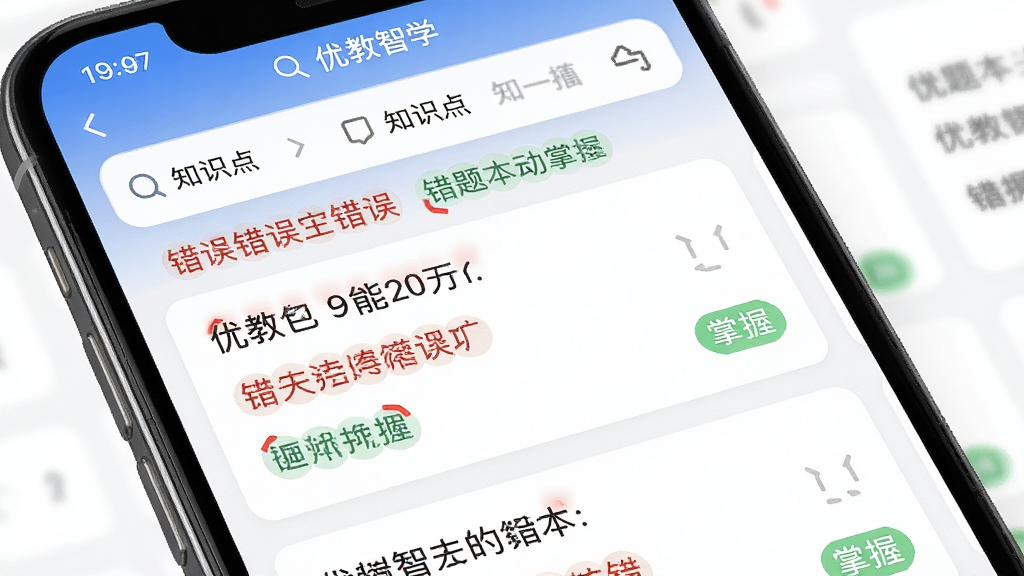 优教智学错题本功能展示,主体为一部手机屏幕特写,屏幕中显示错题列表与知识点标签,布局为上下结构,上方为筛选栏,下方为错题卡片,排版整齐,风格为工具类APP界面,细节包含红色错误标记与绿色掌握标记,画质高清,干净,无多余元素