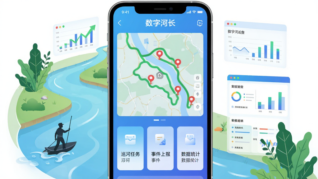 画面中央是一部智能手机,屏幕中显示“数字河长”应用主界面,界面采用蓝色渐变设计,上方有河道巡查地图,地图上标注绿色轨迹线与红色问题标记点,下方排列巡河任务、事件上报、数据统计三个功能卡片。手机周围环绕河流、水波、绿植与数据图表元素,整体布局简洁有序,风格为扁平化科技插画,细节包含清澈河道、巡河人员剪影、数据面板,画质清晰,干净,无多余元素