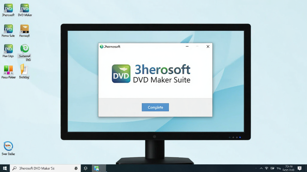 һ�ŵ������泡��ͼ����������ʾ������ʾ��3herosoft DVD Maker Suite���İ�װ��ɽ��棬����Ϊ���е������·�����ɰ�ť������Ϊ������棬���Ϊ����ǳɫ�磬ϸ�ڰ�������ͼ�ꡢ��ݷ�ʽ�������������ʸ��壬����ɾ����޶���Ԫ��