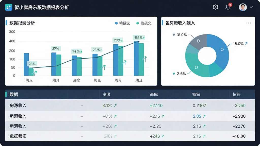 主体为智小窝房东版数据报表分析页面,布局采用上方图表下方数据表格的形式,图表区域展示柱状图和饼图,表格区域列出各房源收入明细,排版清晰专业,风格为现代数据可视化风格,细节包括蓝绿色调、百分比标注、趋势箭头,画质高清干净无多余元素