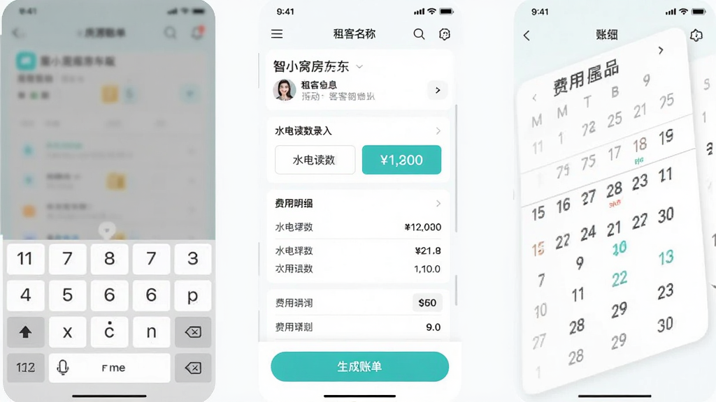 主体为智小窝房东版应用中的智能账单生成界面,布局采用上下结构,上方显示房源名称和租客信息,中间为水电读数录入框和费用明细列表,下方为生成账单按钮,排版整齐有序,风格为清新浅色系移动端UI,细节包括数字键盘弹出、金额高亮显示、日历选择器,画质高清干净无多余元素