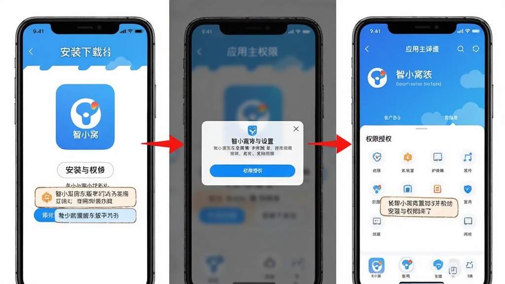 主体为智小窝房东版手机应用安装与权限设置界面,布局采用分步截图拼接形式,左侧展示安装包下载页面,中间展示权限授权弹窗,右侧展示应用主界面,排版按流程从左到右排列,风格为教程图解风格,细节包括红色箭头标注、文字说明框、手机边框,画质高清干净无多余元素