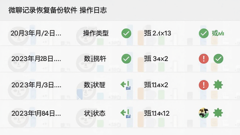 微聊记录恢复备份软件的操作日志页面,画面中显示多条记录,每条包含日期、操作类型、数据量和状态图标,背景为淡灰色列表,风格商务简洁,细节包括时间文字、成功对勾图标、失败感叹号图标,画质清晰,干净,无多余元素