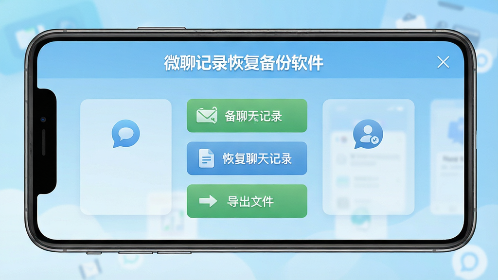 一张展示微聊记录恢复备份软件主界面的图片,画面中央是手机屏幕,屏幕上显示软件名称