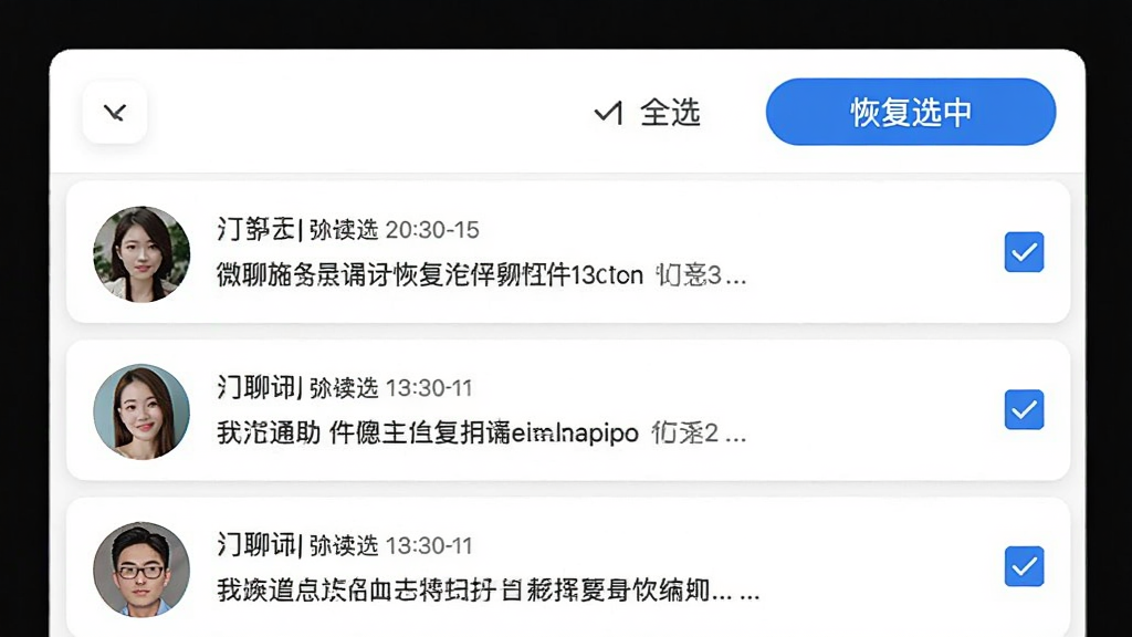 微聊记录恢复备份软件的恢复界面截图,画面中列出多个联系人头像和聊天记录条目,每个条目旁有复选框,顶部有