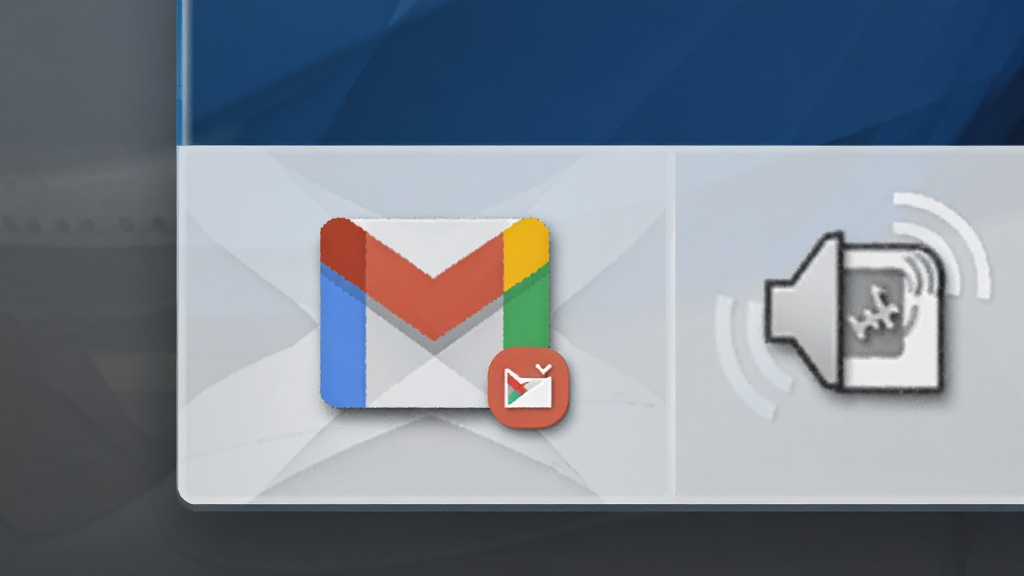 一张 Windows 任务栏系统托盘区域的放大特写,托盘中有 Google Gmail Notifier 的图标,图标呈现红色未读状态,旁边有音量与网络图标,风格为写实科技风,细节包含图标阴影与托盘背景,画质高清,干净,无多余元素。
