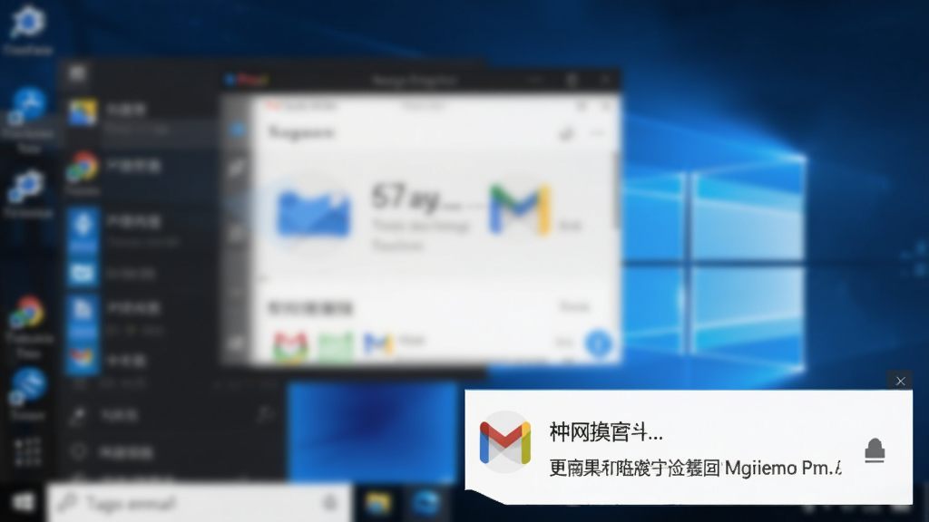 一个悬浮在桌面右下角的 Gmail 新邮件通知弹窗,弹窗内显示发件人名称与邮件标题,背景是模糊的 Windows 桌面,风格为干净现代的 UI 设计,细节包含 Gmail 标志性的红白配色,画质高清,干净,无多余元素。
