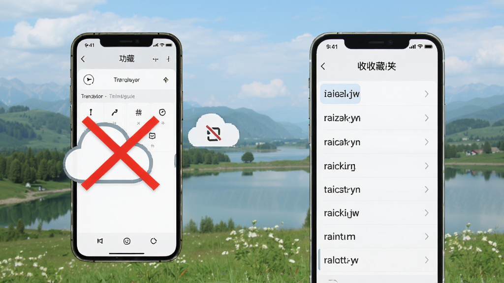 一张展示izdax汉维翻译离线功能和收藏夹的图片,画面中一部手机处于飞行模式,但屏幕上依然显示着翻译界面,旁边有一个云朵图标被划掉,另一个区域展示着收藏夹列表,里面整齐排列着双语词条,背景是户外风景,风格清新自然,画质清晰,干净整洁