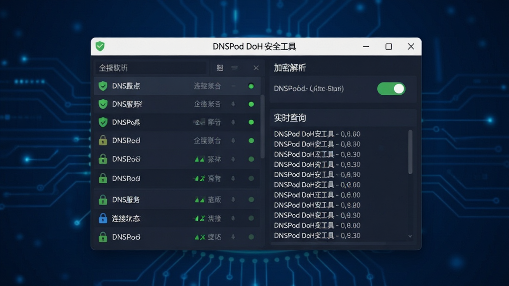 DNSPod DoH ��ȫ��������������ȫòչʾ�������������������ڣ������ʾDNS�������б�������״ָ̬ʾ�ƣ��Ҳ�չʾ���ܽ������غ�ʵʱ��ѯ��־������Ϊ����ɫ�Ƽ���񣬴��������������ɼ���DNSPod DoH ��ȫ���ߡ����������岼�ּ��רҵ�����Ϊ��ƽ��UI��ƣ�ϸ�ڰ�����ɫ����ͼ��ͼ�������ʶ�����ʸ��壬�ɾ����޶���Ԫ��