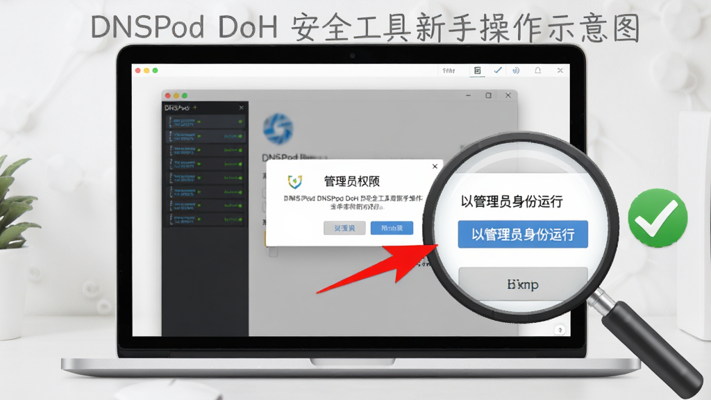 DNSPod DoH ��ȫ�������ֲ���ʾ��ͼ������չʾһ̨�ʼǱ�������Ļ����Ļ����ʾ��������͹���ԱȨ����ʾ�������Ա��зŴ󾵾۽��ڡ��Թ���Ա�������С�ѡ���ϣ�����Ϊ������滷��������Ϊ�̳�ͼ����ϸ�ڰ�����ɫ��ͷָ��ؼ���ť����ɫ�Թ���ǣ����ʸ��壬�ɾ����޶���Ԫ��