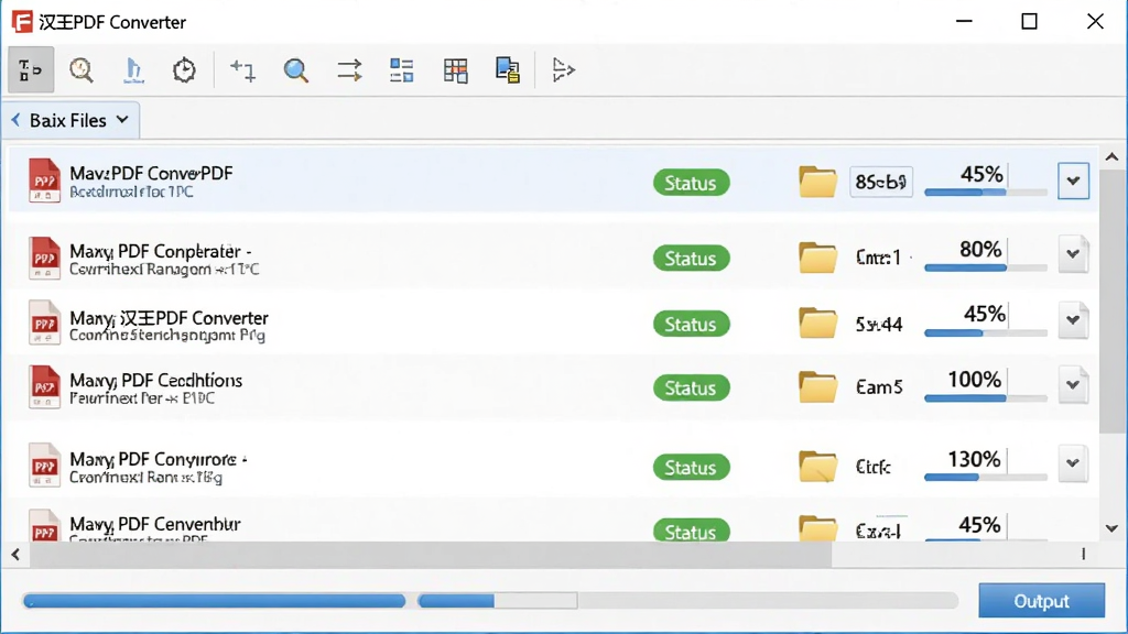 һ��չʾ����PDF Converter�����������ܵ�ͼƬ������Ϊ���������е������ļ��б�������Ϊ�Ϸ����������м�����ļ���Ŀ���·��������������ť���Ű����룬���Ϊ��Լ����磬ϸ�ڰ������PDF�ļ�����״̬��ǩ�����Ȱٷֱȡ��ļ���ͼ��ȣ�����ɾ�������Ԫ�أ�����������