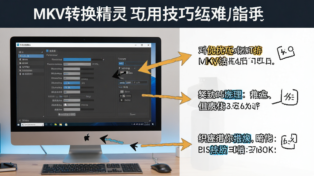 一张展示MKV转换精灵使用技巧的图片,画面中电脑屏幕显示软件界面和参数设置面板,旁边有标注文字说明优化技巧,布局为左右分栏式,排版清晰,风格为教程指导风,细节包括高亮标注和箭头指示,画质高清,画面干净,无多余元素