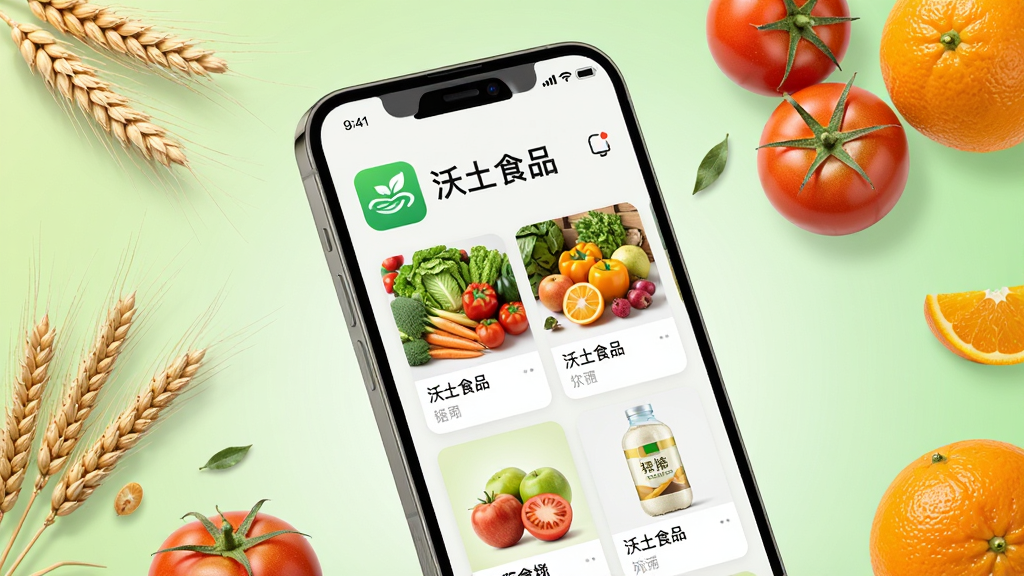 主体为一部智能手机,屏幕上显示“沃土食品”应用界面,界面中有新鲜蔬菜水果和粮油产品的商品卡片;布局采用居中构图,手机略微倾斜;排版上应用图标和文字标识清晰可见;风格为现代简约科技感;细节包括手机周围散落着麦穗、番茄、橙子等真实食材元素,背景为浅绿色渐变;画质为高清4K,干净明亮,无多余杂乱元素。