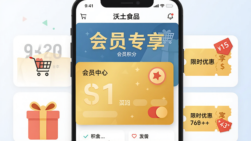 主体是“沃土食品”应用内的会员中心页面截图风格插画,画面中展示金色的会员卡、积分数字和优惠券图标;布局采用卡片式层叠排列;排版上突出“会员专享”和“限时优惠”文字;风格为扁平化商业插画;细节包括购物车图标、礼盒元素和折扣标签;画质为高清矢量风格,干净利落,无多余装饰。