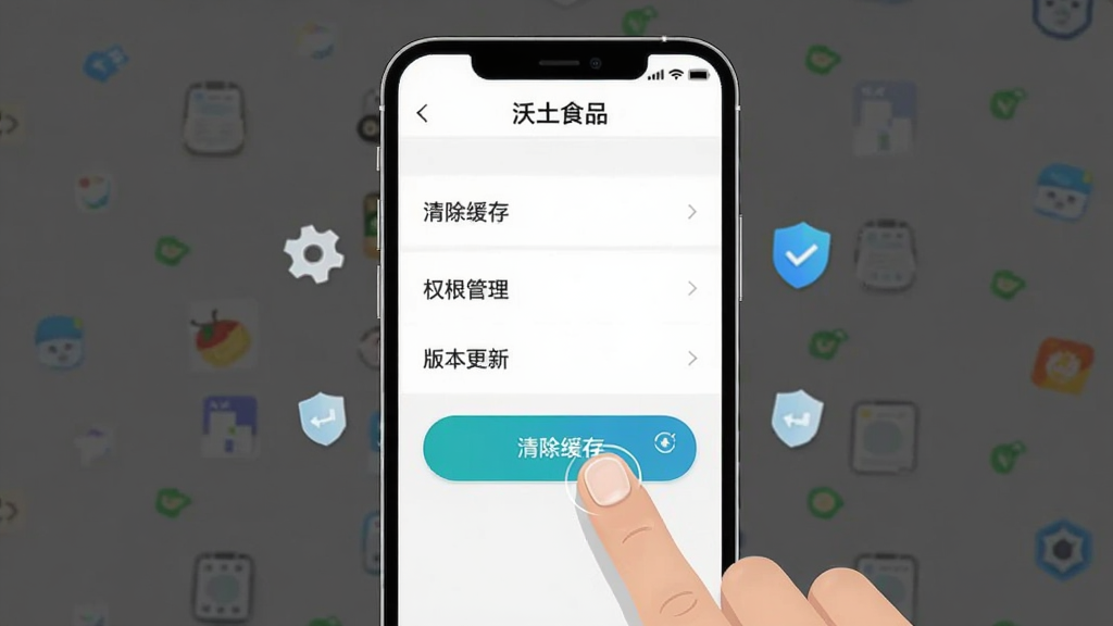 主体是手机屏幕显示“沃土食品”应用的设置页面,页面中有清除缓存、权限管理、版本更新等选项;布局为竖屏手机界面居中;排版清晰展示各个设置项;风格为扁平化UI设计;细节包括手指点击“清除缓存”按钮的动作、周围有齿轮和盾牌小图标;画质为高清,干净无杂乱。