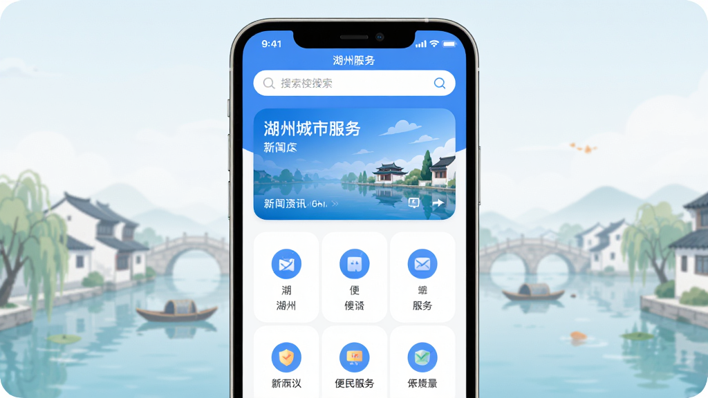 我的湖州 手机应用主界面预览图,主体为一部现代智能手机,屏幕中显示湖州城市服务应用首页,包含新闻资讯卡片、便民服务图标网格、顶部搜索栏,布局居中对称,排版清晰有序,风格为现代简约扁平化设计,细节上图标圆润、配色以蓝白为主辅以湖州水乡元素点缀,画质高清、干净、无多余元素