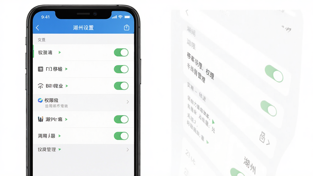 我的湖州 移动端操作界面展示图,主体为手机屏幕显示应用设置与权限管理页面,布局为纵向列表排版,风格为简洁实用型设置界面,细节上开关按钮清晰、文字说明醒目,画质高清、干净、无多余元素
