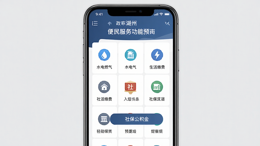我的湖州 便民服务功能页面预览图,主体为手机屏幕展示生活缴费与政务办事入口,包含水电燃气图标、社保公积金按钮,布局为九宫格功能矩阵,排版整齐规范,风格为政务便民类应用界面,细节上图标简洁、配色沉稳,画质高清、干净、无多余元素