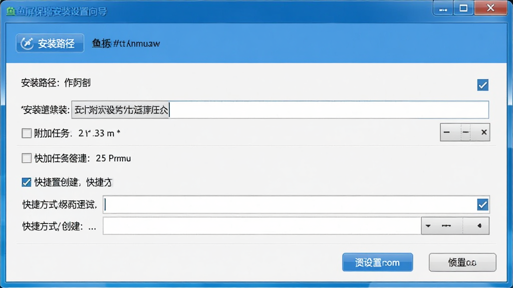 鱼屏保安装设置向导界面截图,画面显示安装路径选择、附加任务勾选、快捷方式创建等步骤,界面风格简洁清晰,蓝色主色调,细节包括按钮、复选框、路径输入框,画质高清,干净,无多余元素