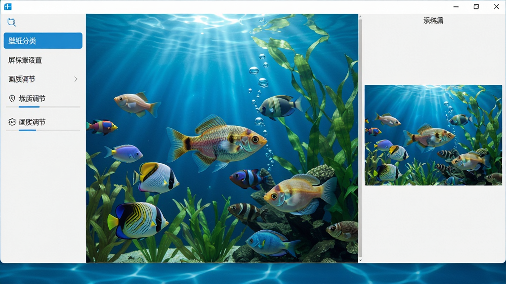 鱼屏保软件主界面展示,画面中央是电脑桌面,桌面上播放着热带鱼群游动的水下动态壁纸,左侧是软件功能菜单栏,包含壁纸分类、屏保设置、画质调节等选项,右侧为预览窗口,整体布局清晰,风格为现代简约科技风,蓝色海洋色调,细节包括鱼群、水草、气泡、光影折射,画质高清,干净,无多余元素